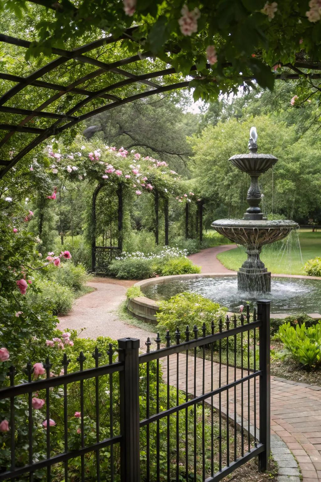A black fence enhances the peacefulness of a garden with a water feature.