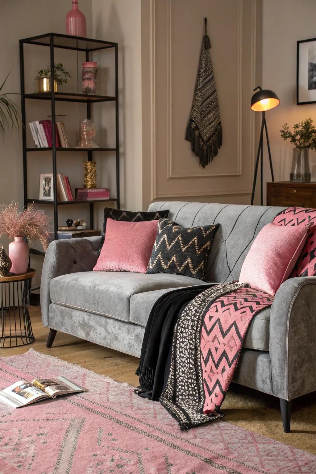 An ash velvet seating piece adds luxury and chic design.