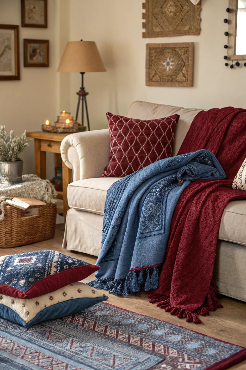 Layered fabrics in cerulean and wine adding depth and warmth.