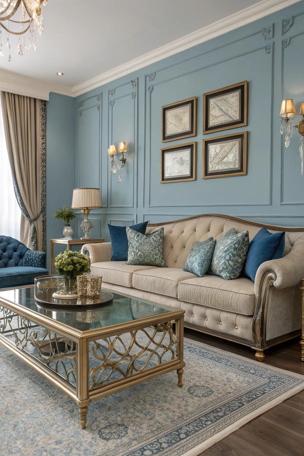 Metallic highlights add a touch of glamour to the blue-themed living room.