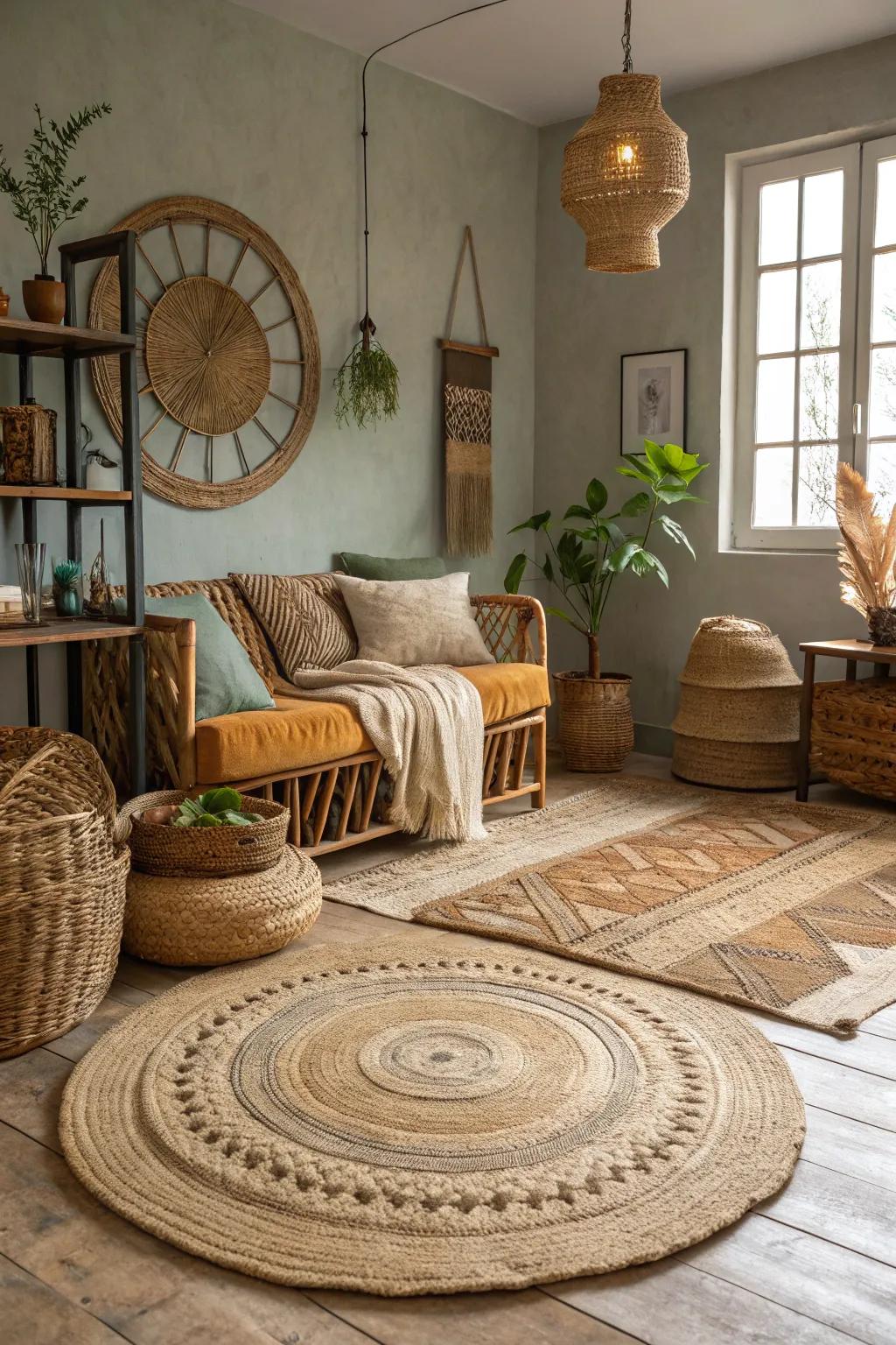 Natural fiber ground coverings secure your boho loft with organic textures.