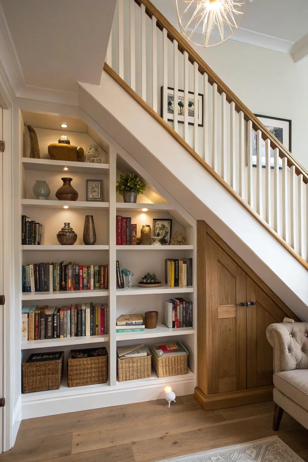Transform under-the-stairs space into a charming library nook.