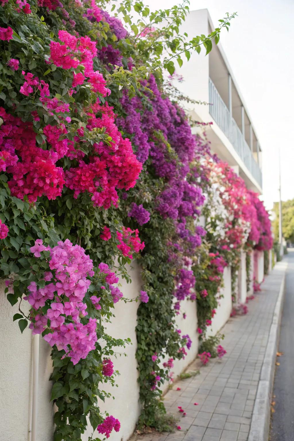 A vertical garden showcasing bougainvillea's cascading colors.