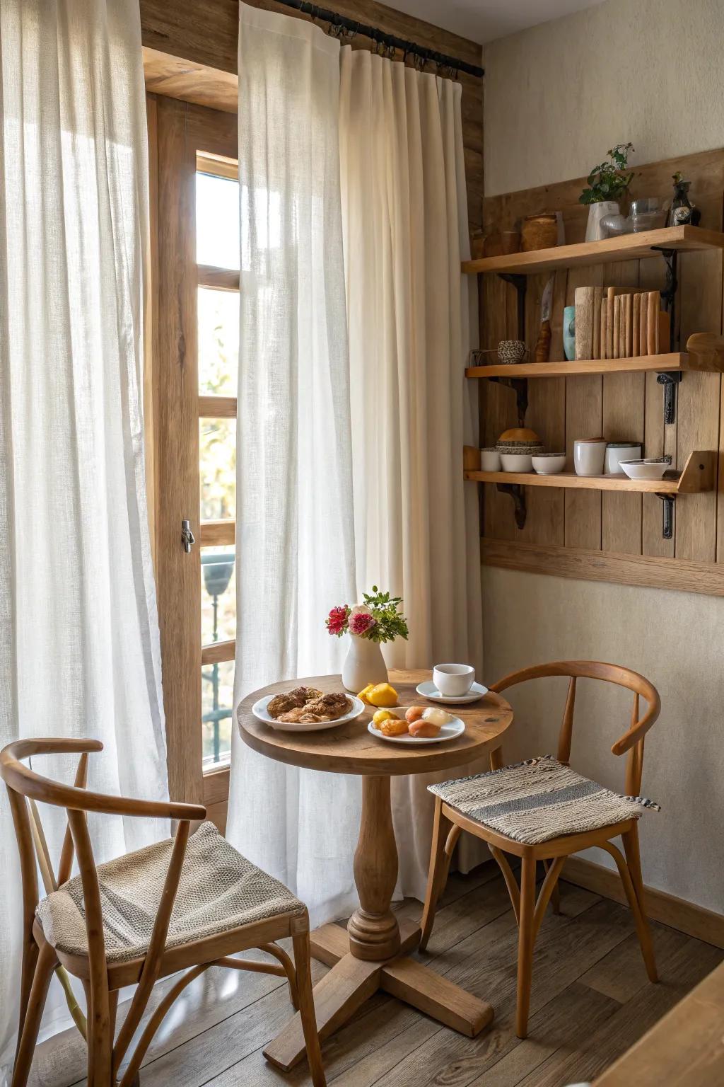 Linen curtains paired with wood create a rustic ambiance.