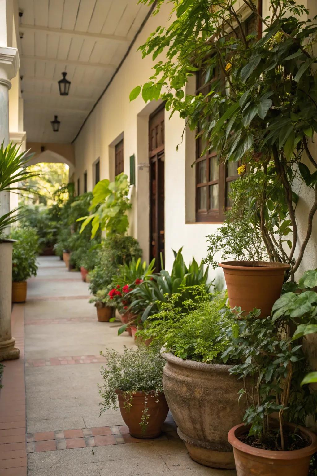 An array of potted plants bringing a touch of nature to the breezeway.