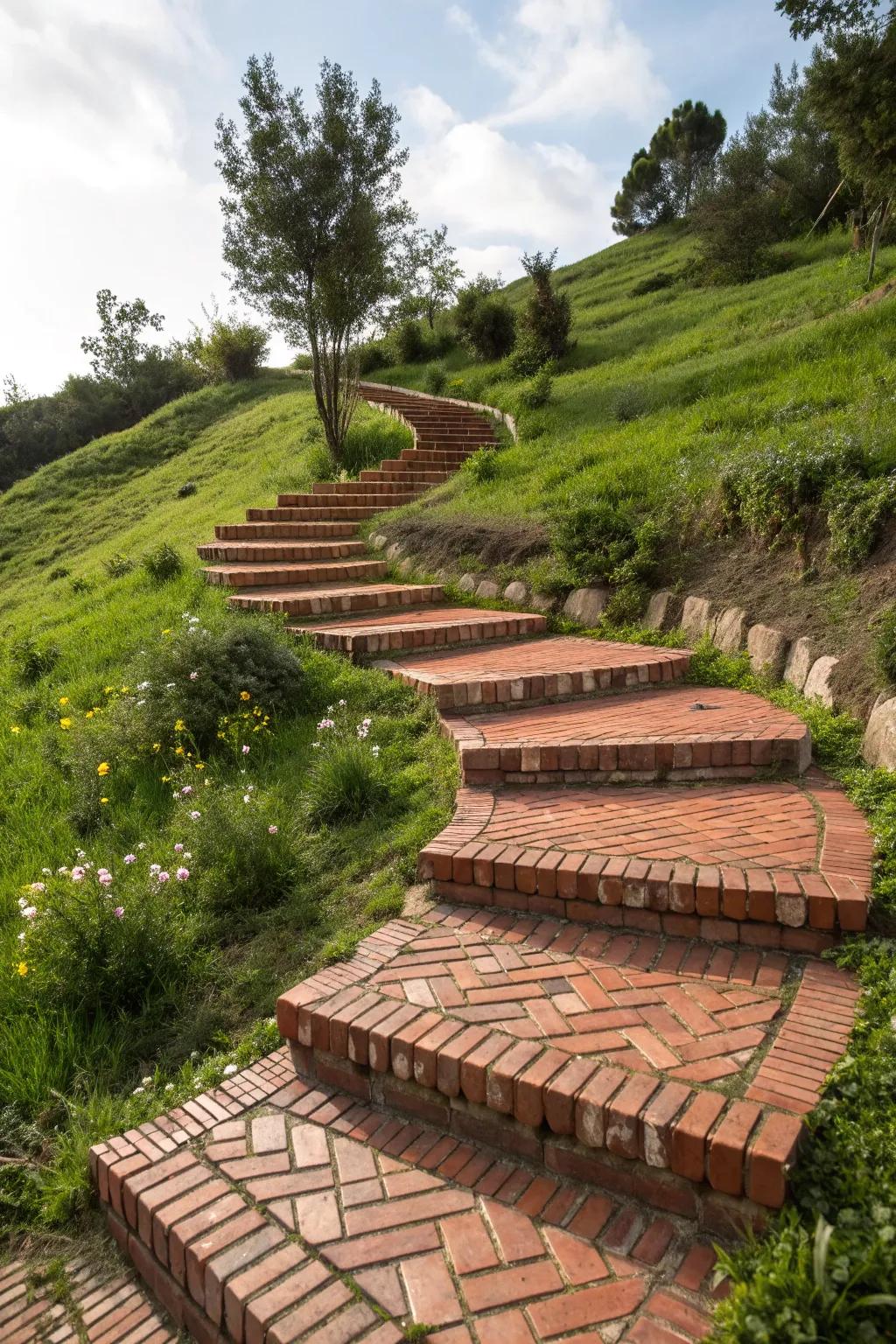 Elevate your garden's elegance with a stunning multi-level brick path.