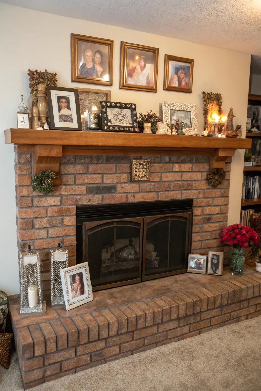 A brick hearth with personalized decor, featuring family photos and cherished items.