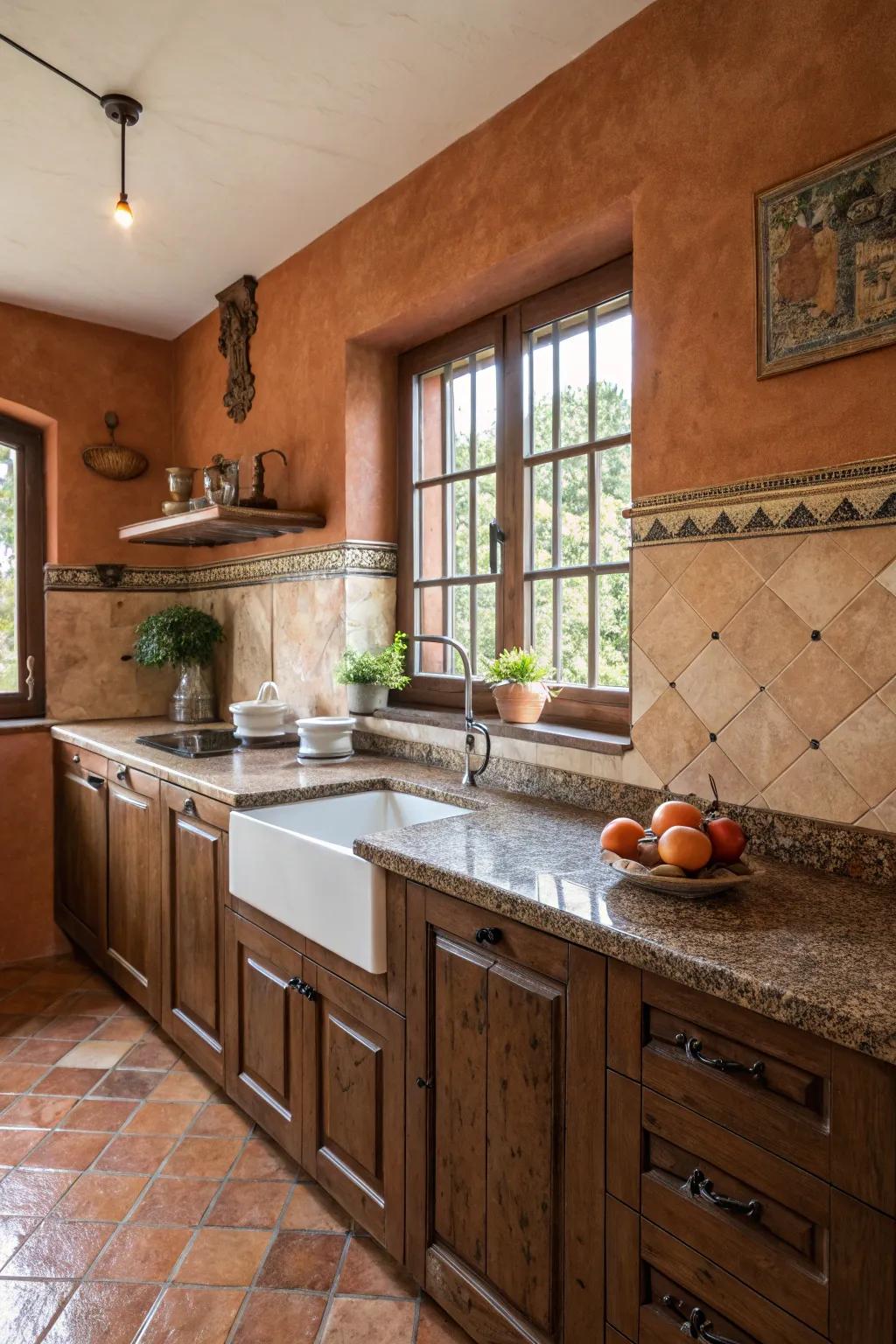 Baked earth walls evoke warmth and rustic allure with brunette stone.