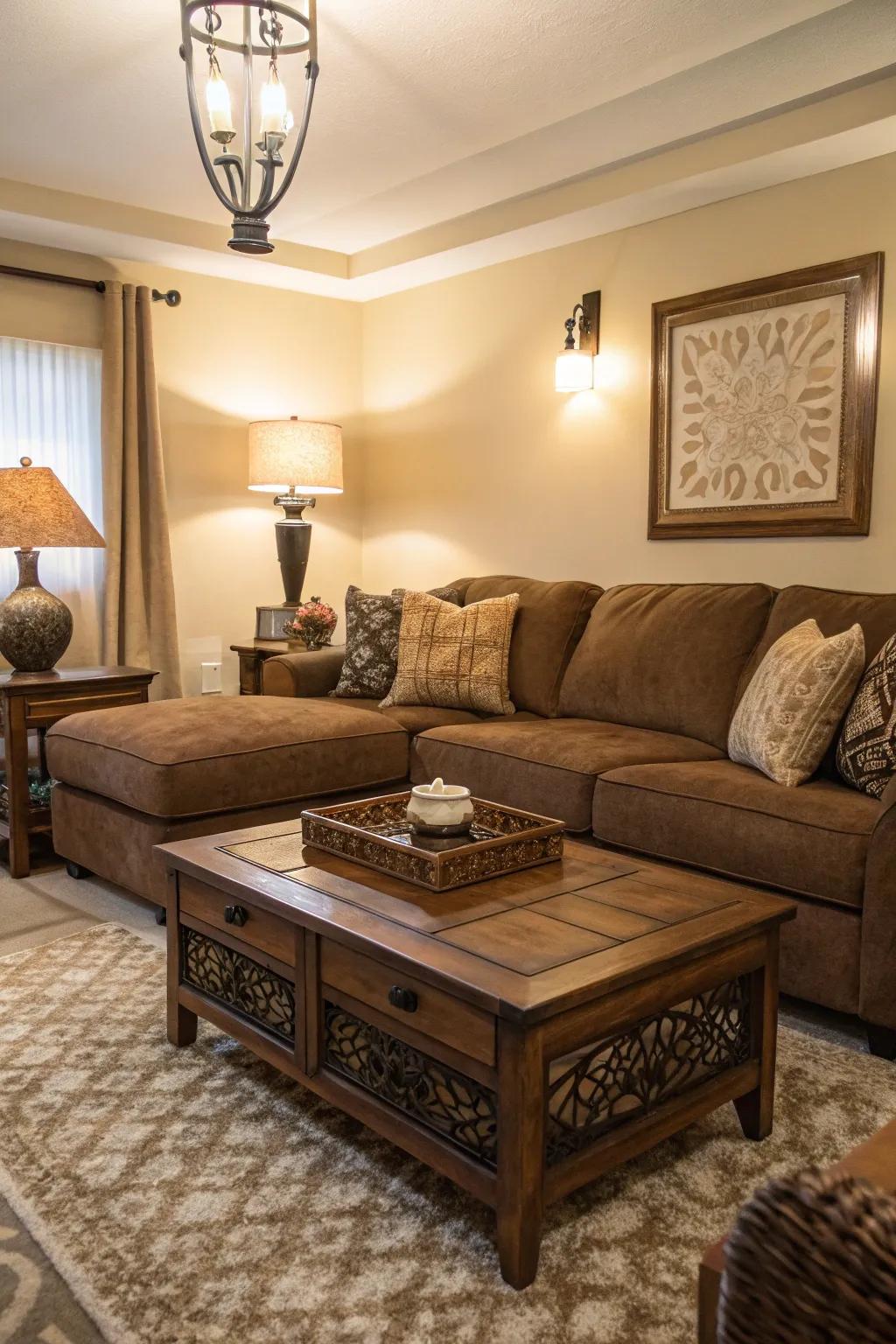 Vintage elements add character to a living room with a brown sectional.