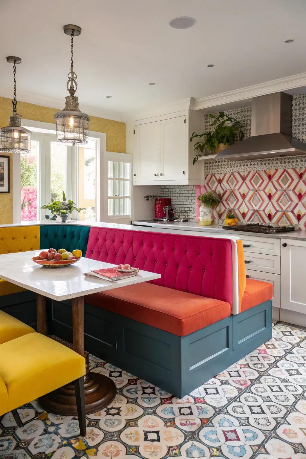 Bold hues gracing banquette seating, fostering an energetic kitchen environment.