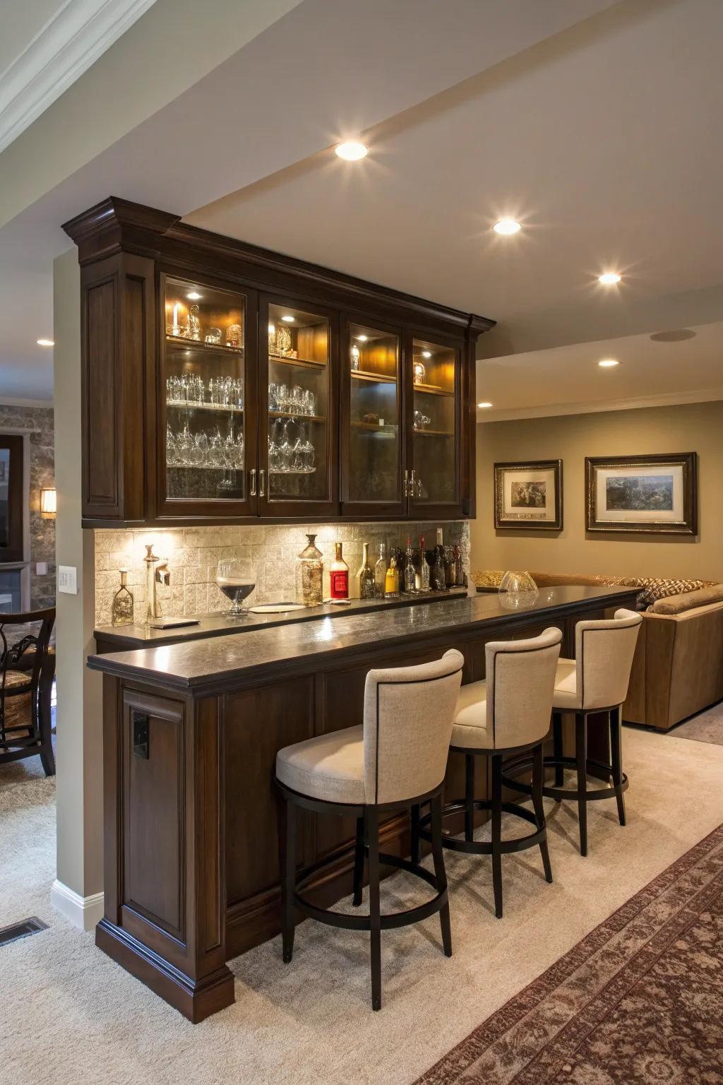 Under-cabinet lighting enriches the ambiance of this built-in bar.