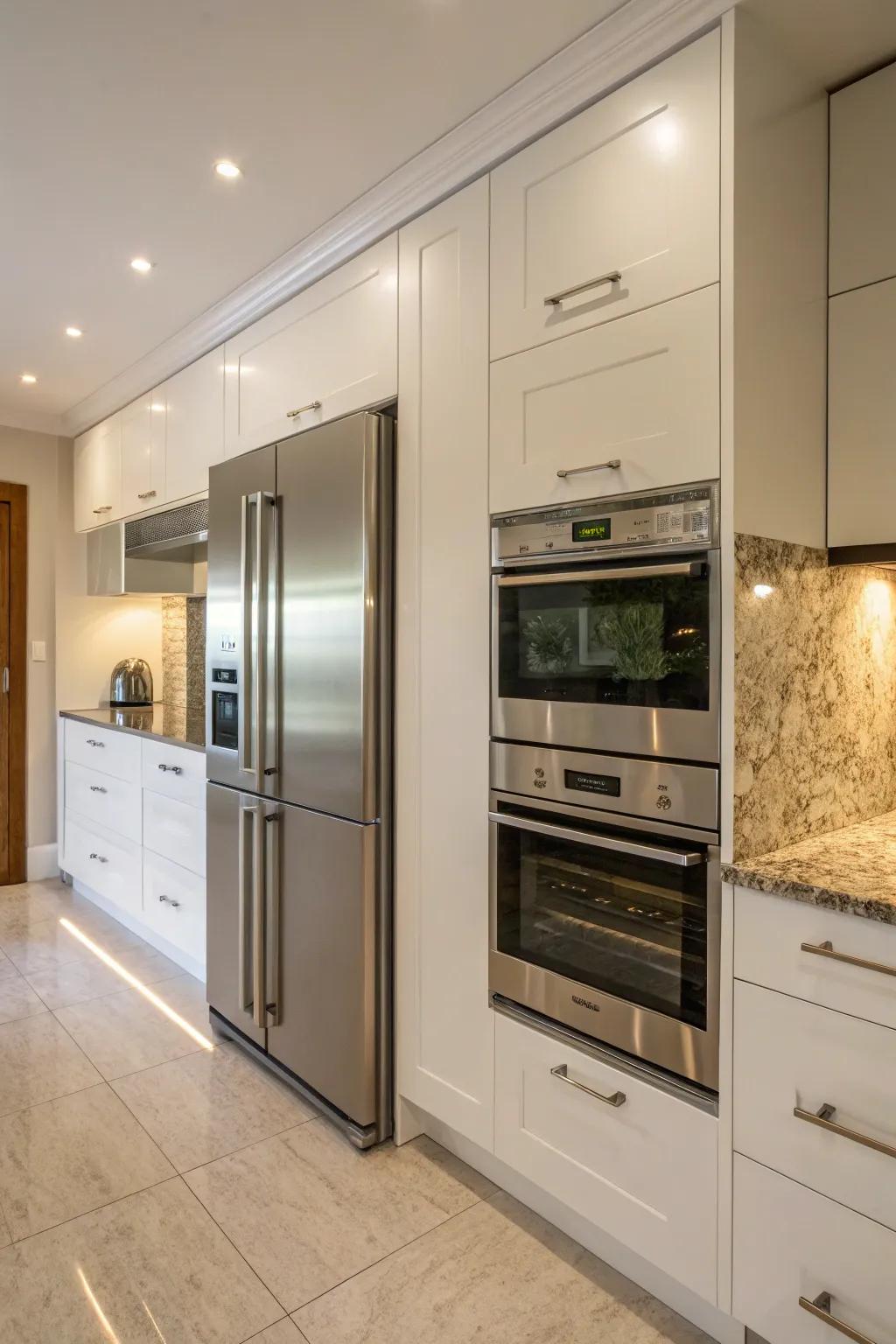 An integrated appliance wall with a built-in fridge and ovens for a seamless kitchen look.