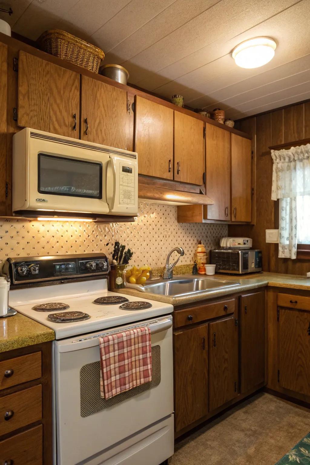 Traditional kitchen setup featuring a microwave positioned above the range.