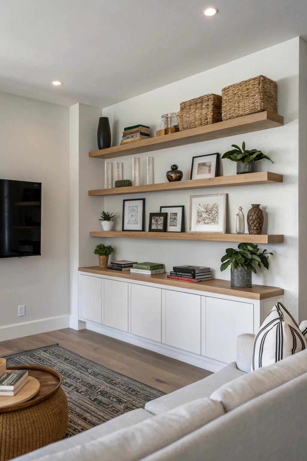 Floating shelves have a streamlined and contemporary aesthetic.