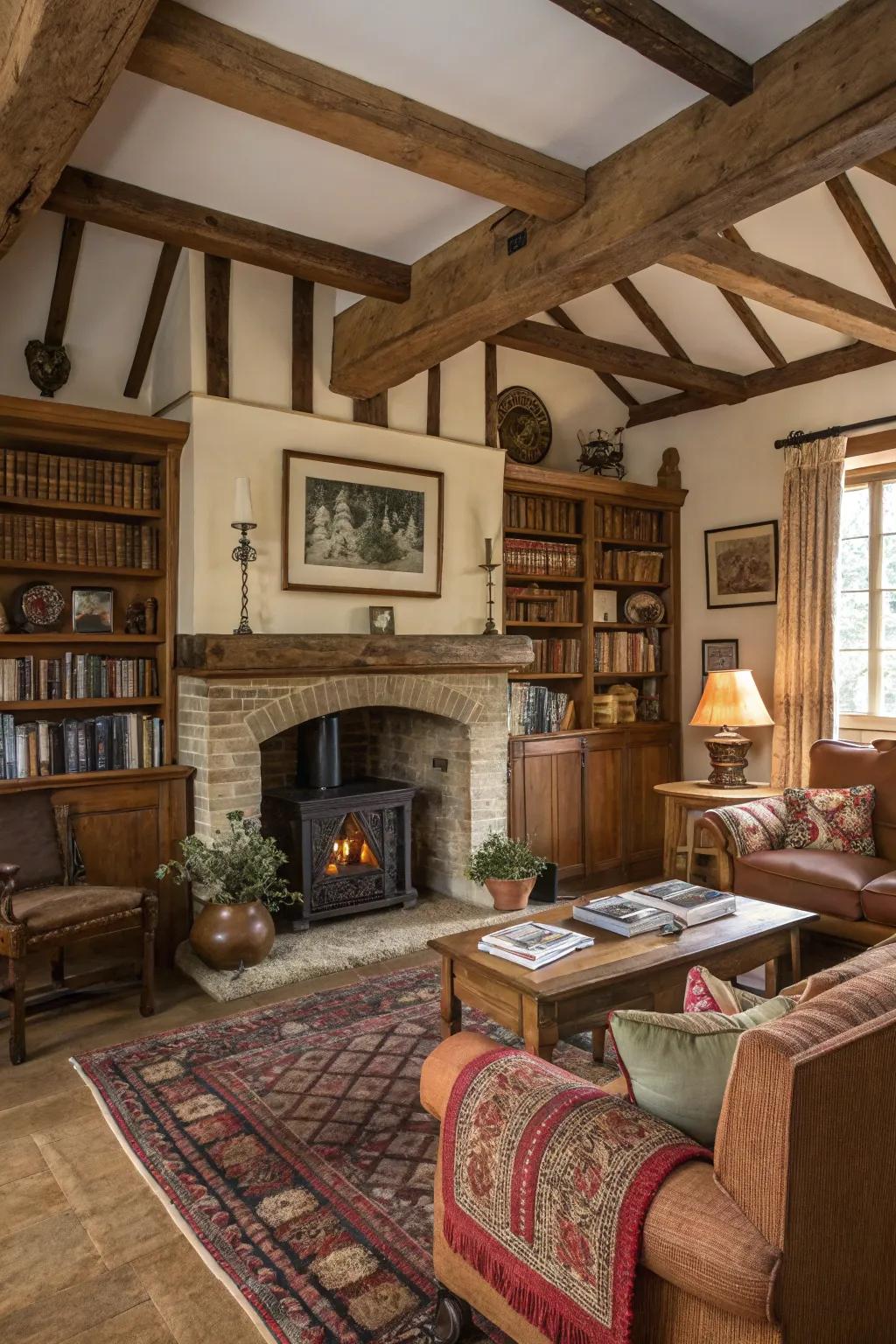 Country particulars add warmth and essence to fireplace built-ins.