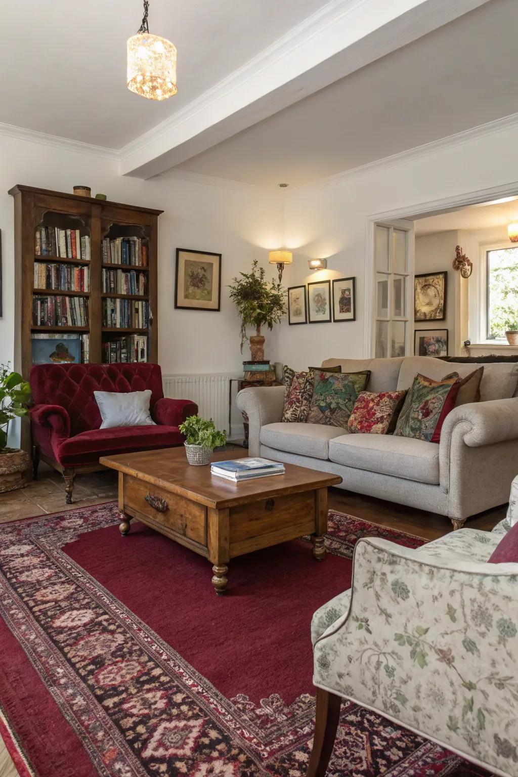 A varied mixture of decor appearances brings out the character of a maroon carpet.