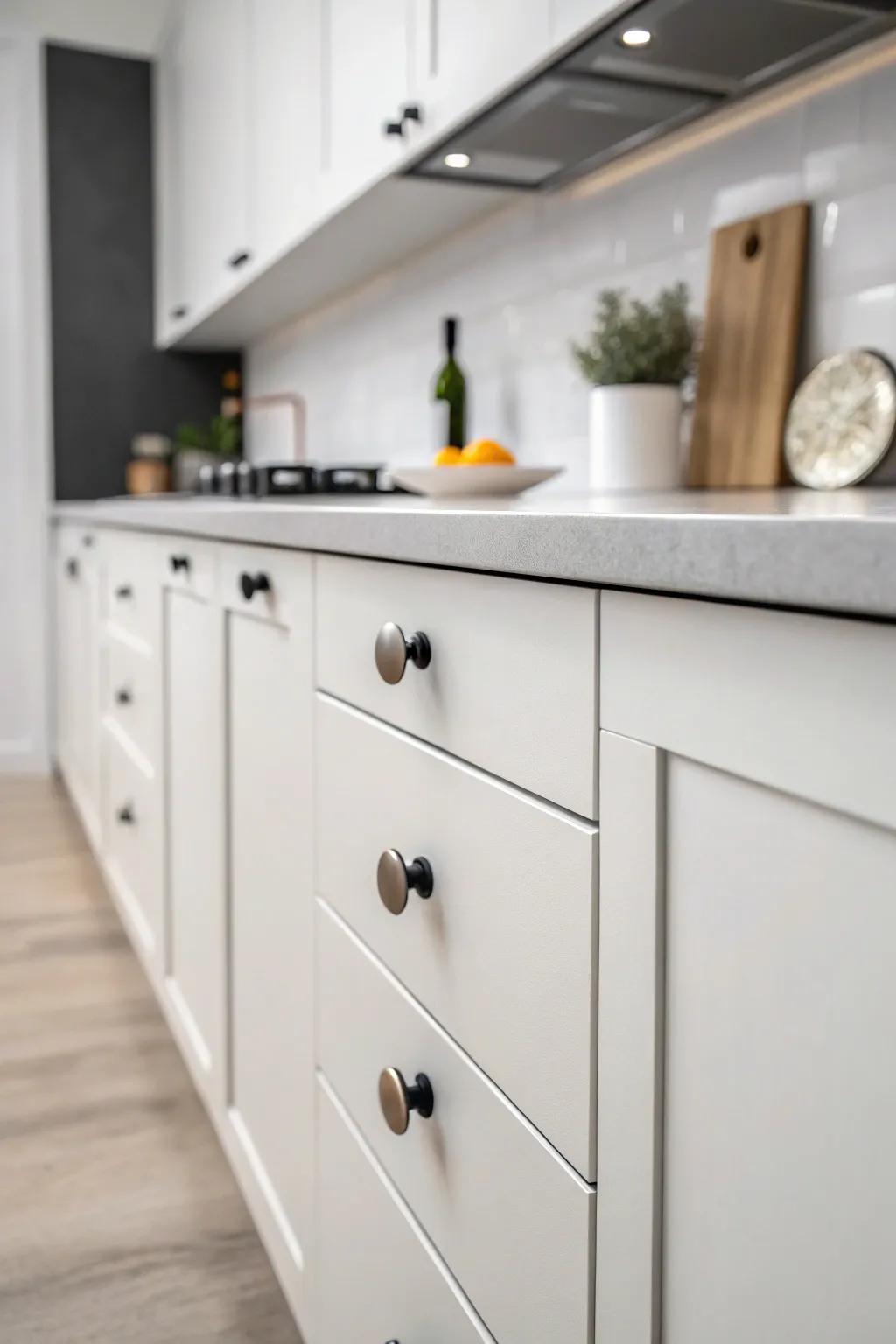 Flat disc knobs enhance the minimalist feel of sleek cabinets.