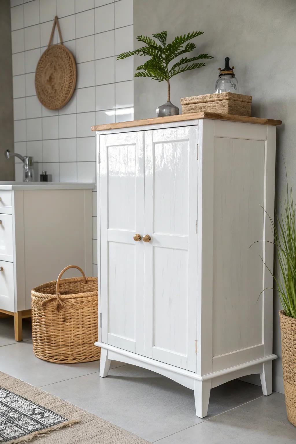 Elevate your space with a chic high-gloss cabinet finish that blends Scandinavian simplicity with a hint of Boho flair.