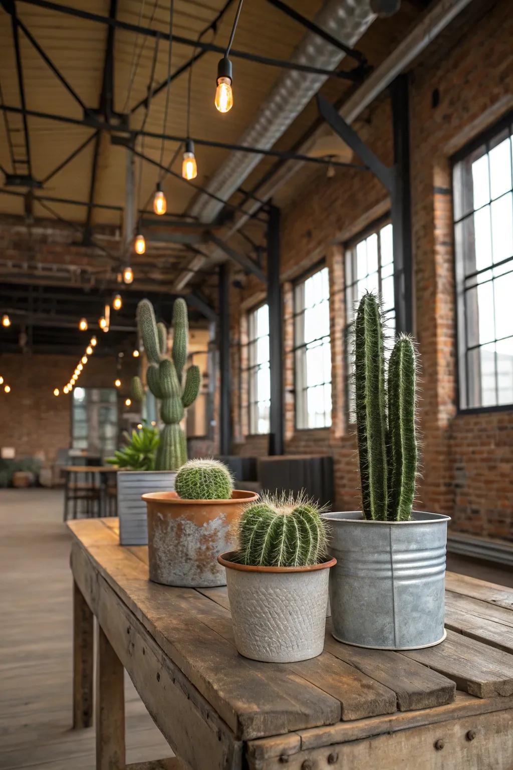 Reclaimed metallic receptacles inject an industrial flair into your cactus display.