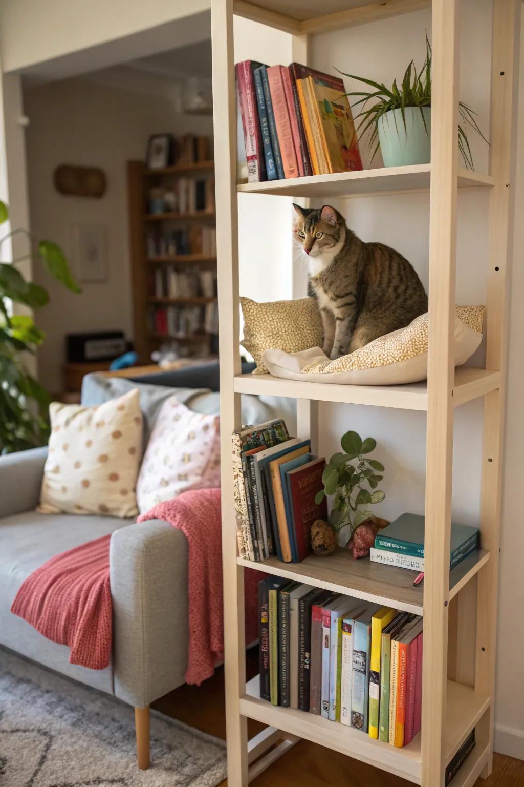 A bookshelf transformed into a multi-level paradise for cats.