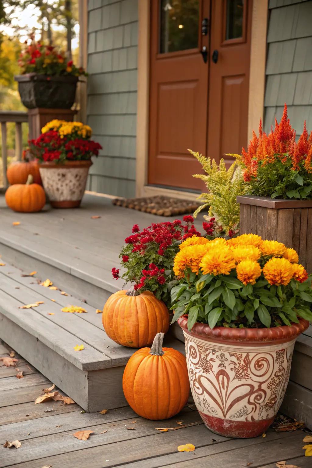 Celosia adds vibrant color to a fall-themed porch.