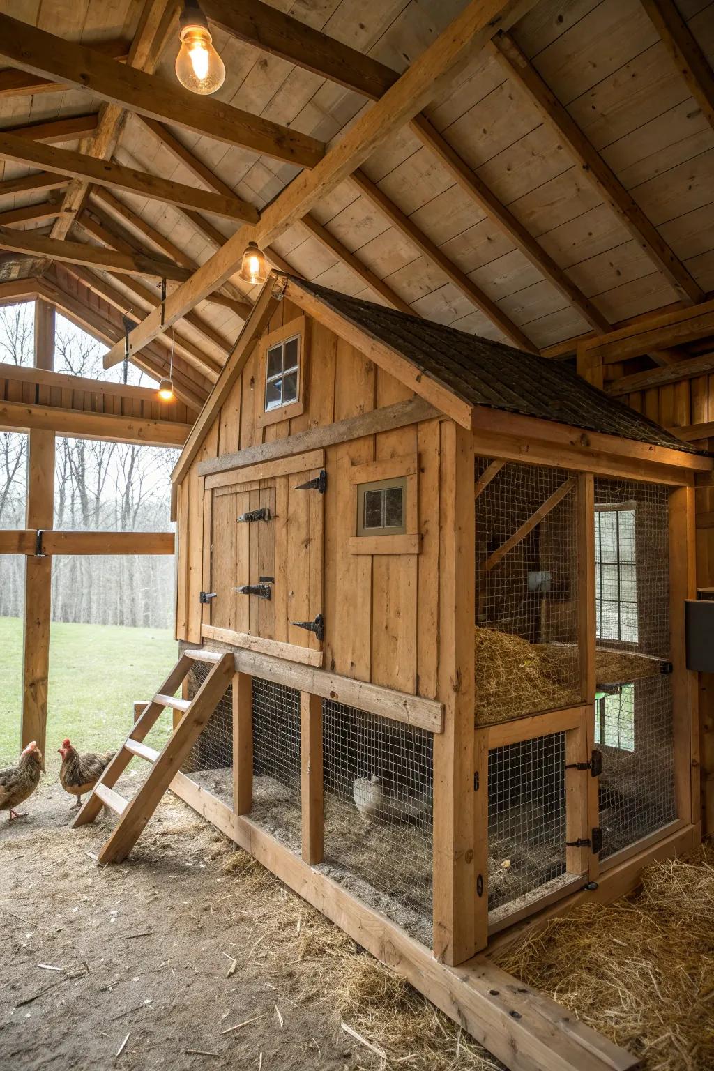 Transform your barn with a seamlessly integrated chicken coop design that unites functionality with rustic charm.