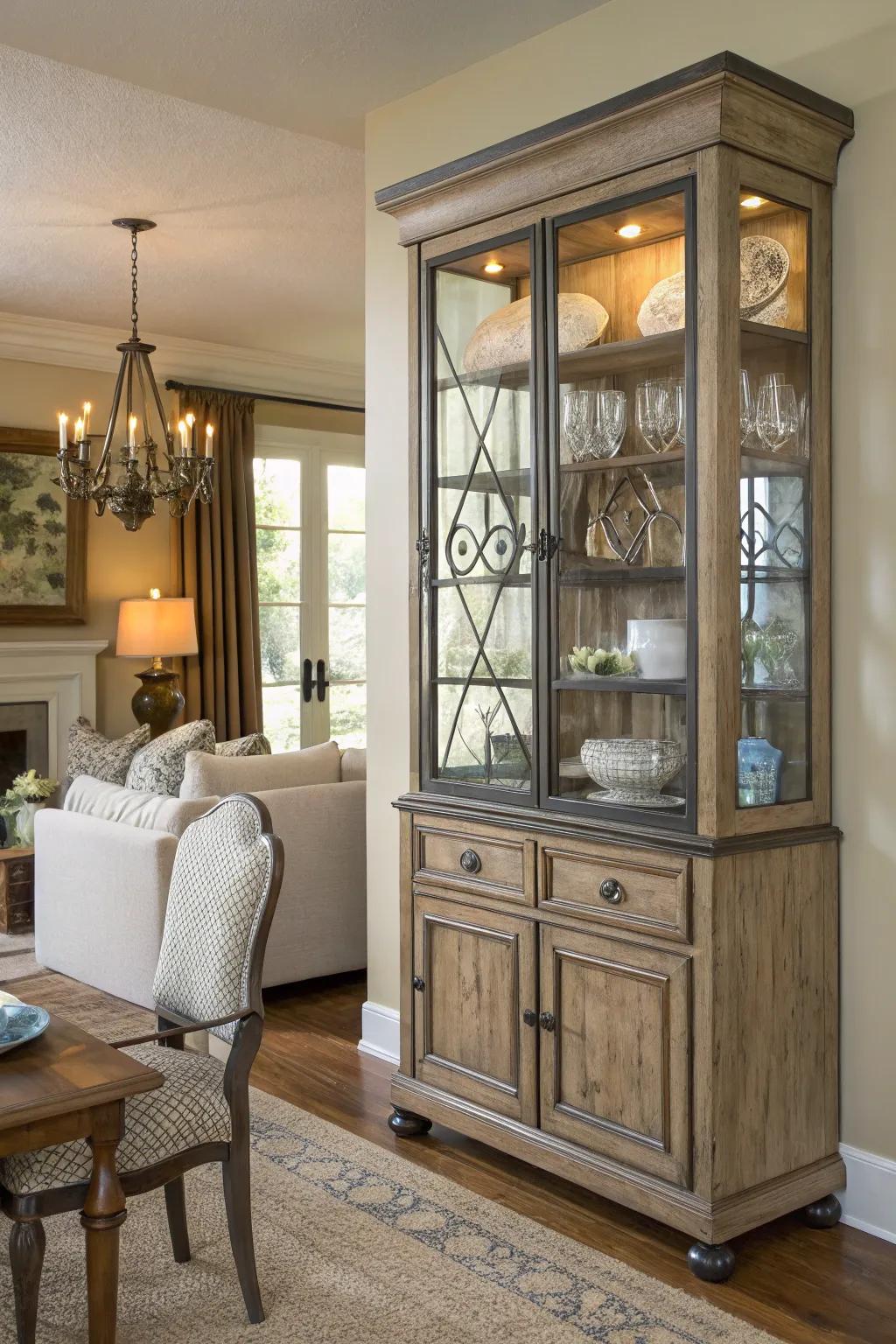 Mixed materials include texture to a display hutch display.