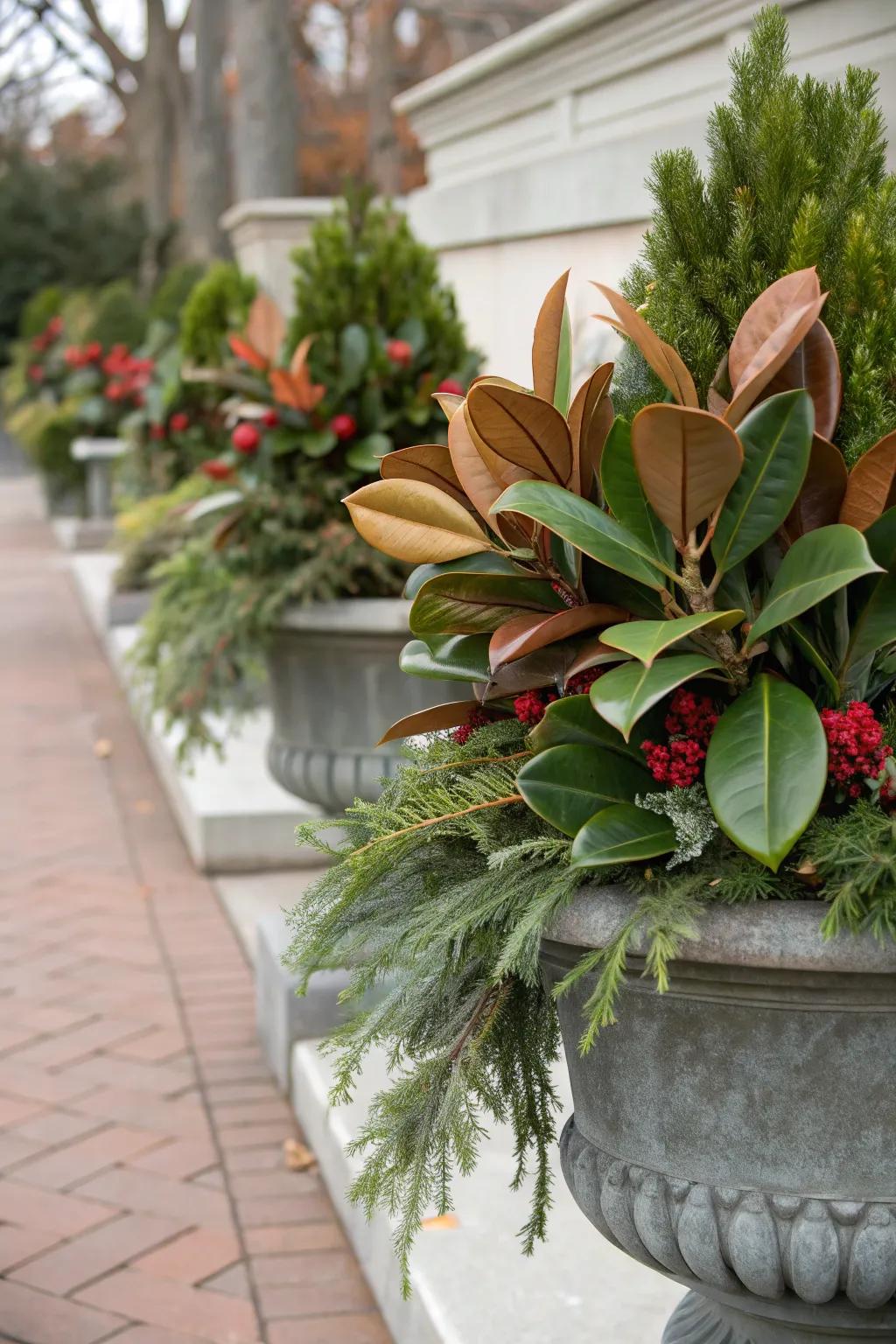 Magnolia leaves offer a unique and elegant flair.
