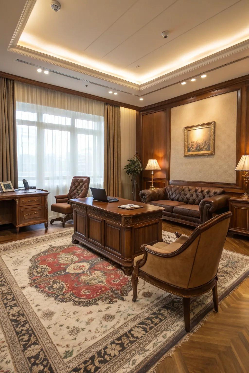 A thick-pile rug adds warmth and texture to a leadership office.