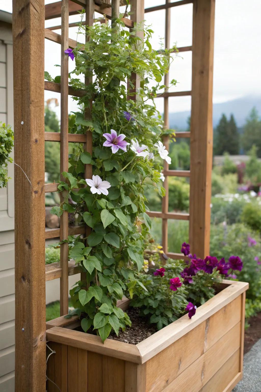 A trellis with an integrated planter maximizes space for clematis development.