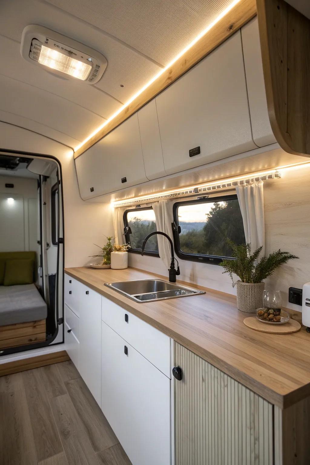 Transform your campervan space with the magic of adjustable LED lighting, perfect for every mood and moment.