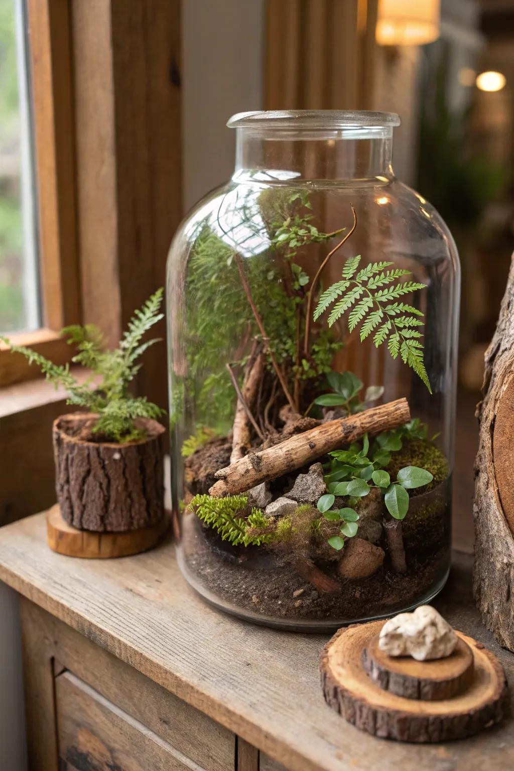 A rustic woodland scene terrarium brings the forest to your home.