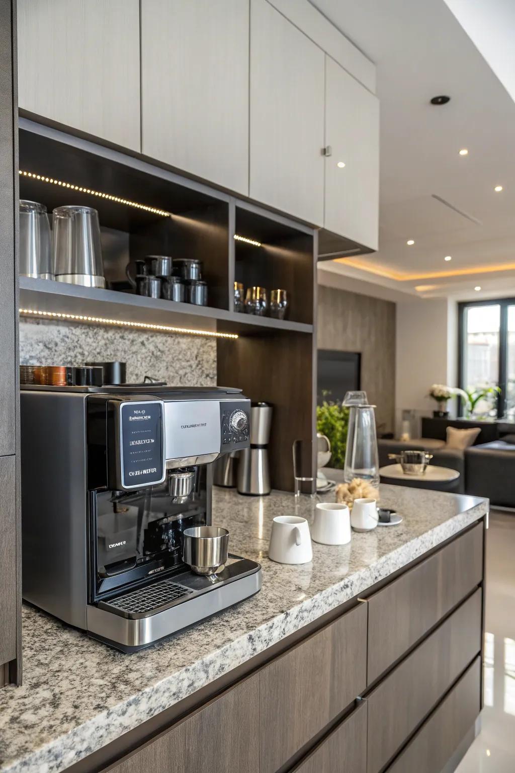 A contemporary coffee center with a coffee maker that is seamlessly integrated.