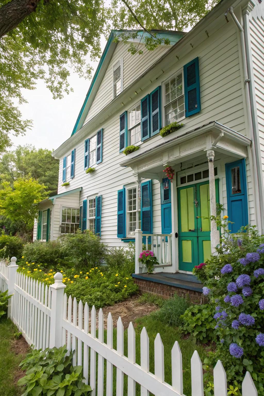 Colonial home with bright and bold color accents.