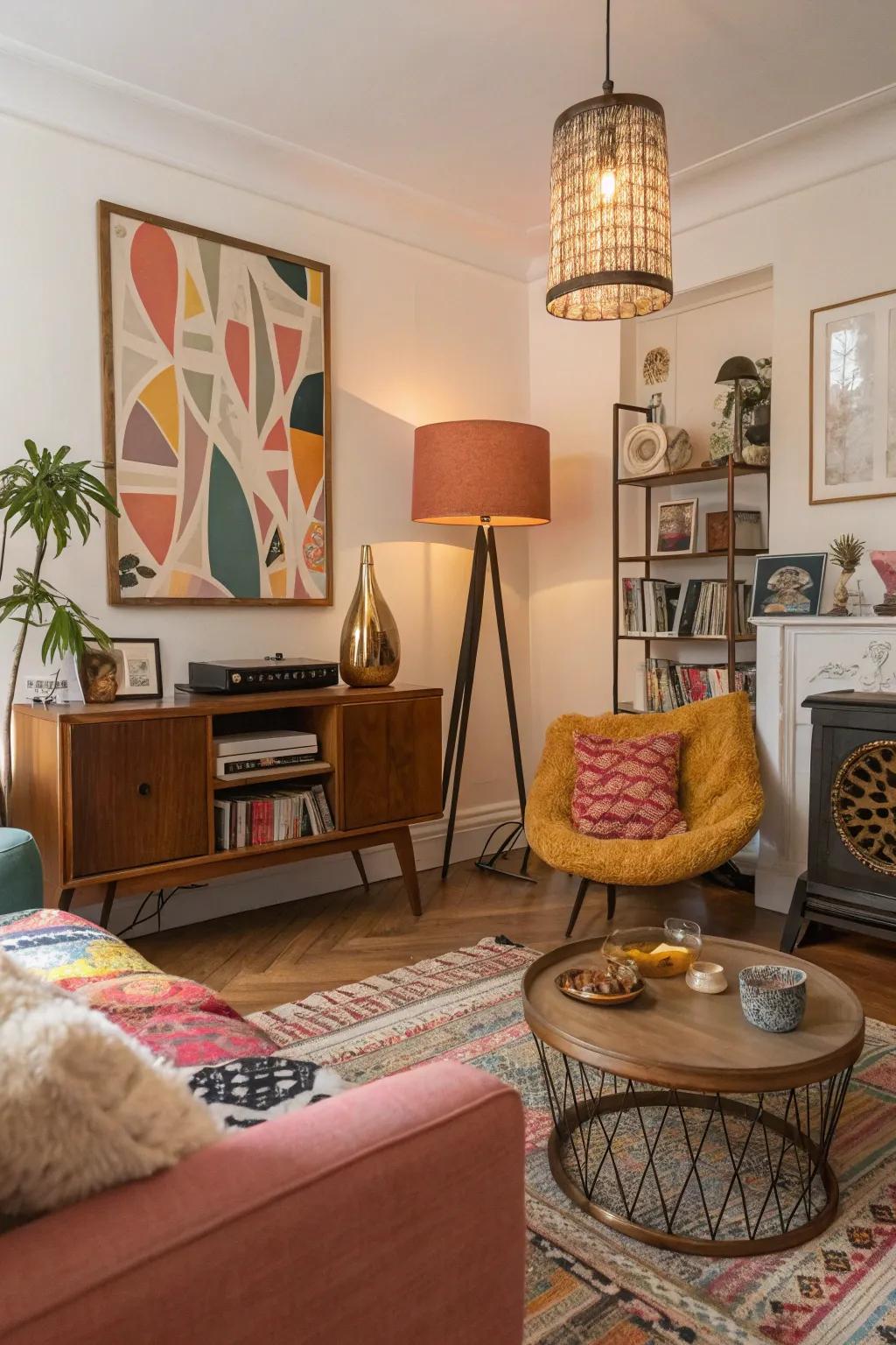 Eccentric decor establish an eclectic and personal style in this lounge area.