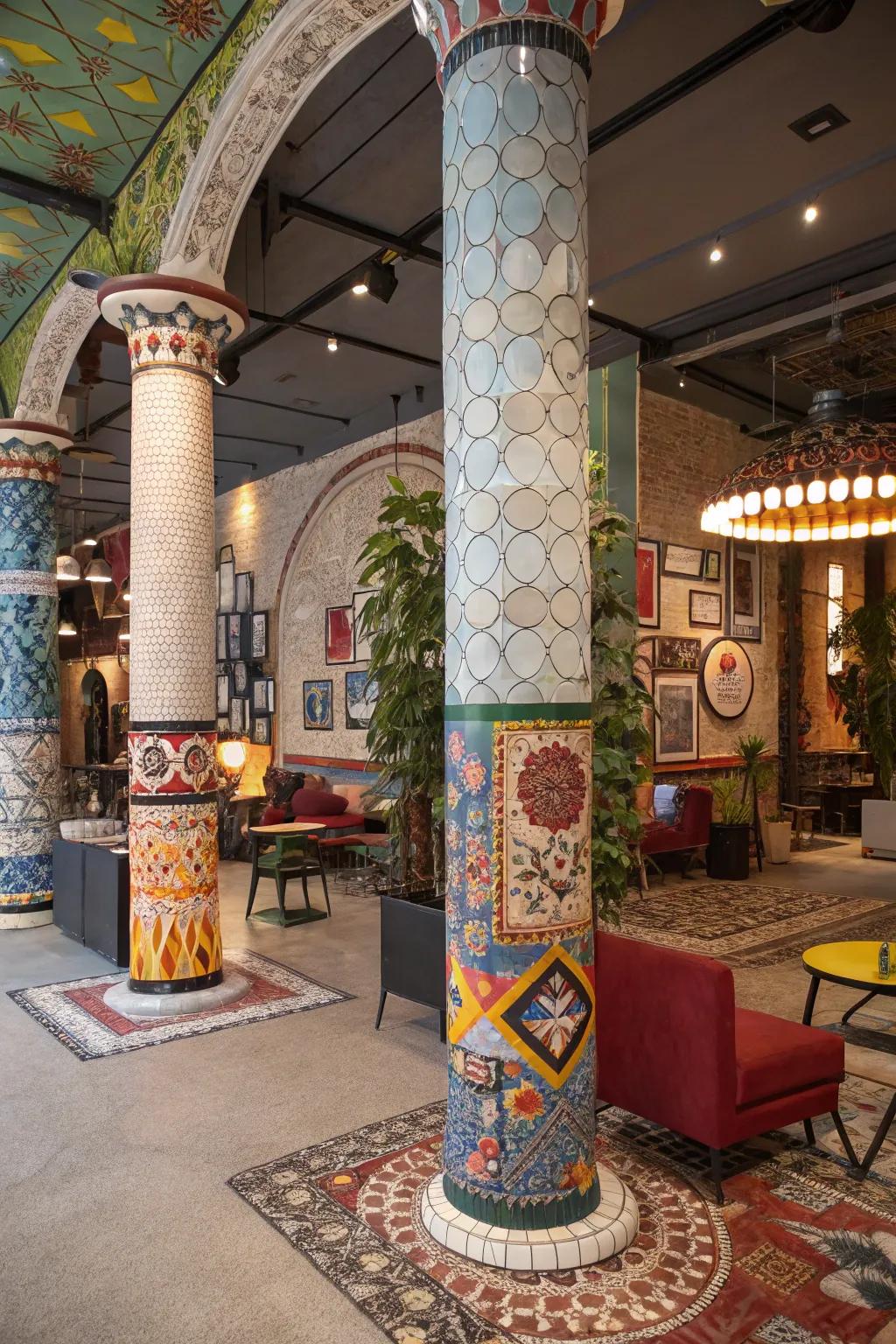Mosaic-covered columns introducing vibrant artistry into an eclectic interior.