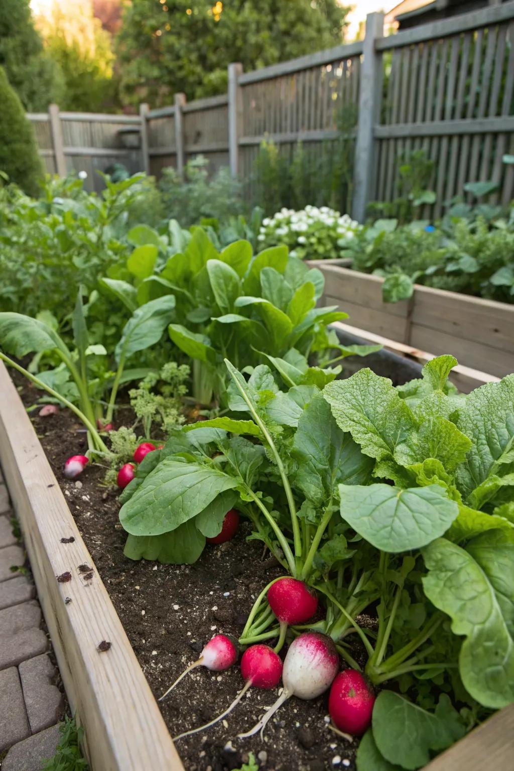 Radishes and spinach grow quickly together, making them ideal for early harvesting.