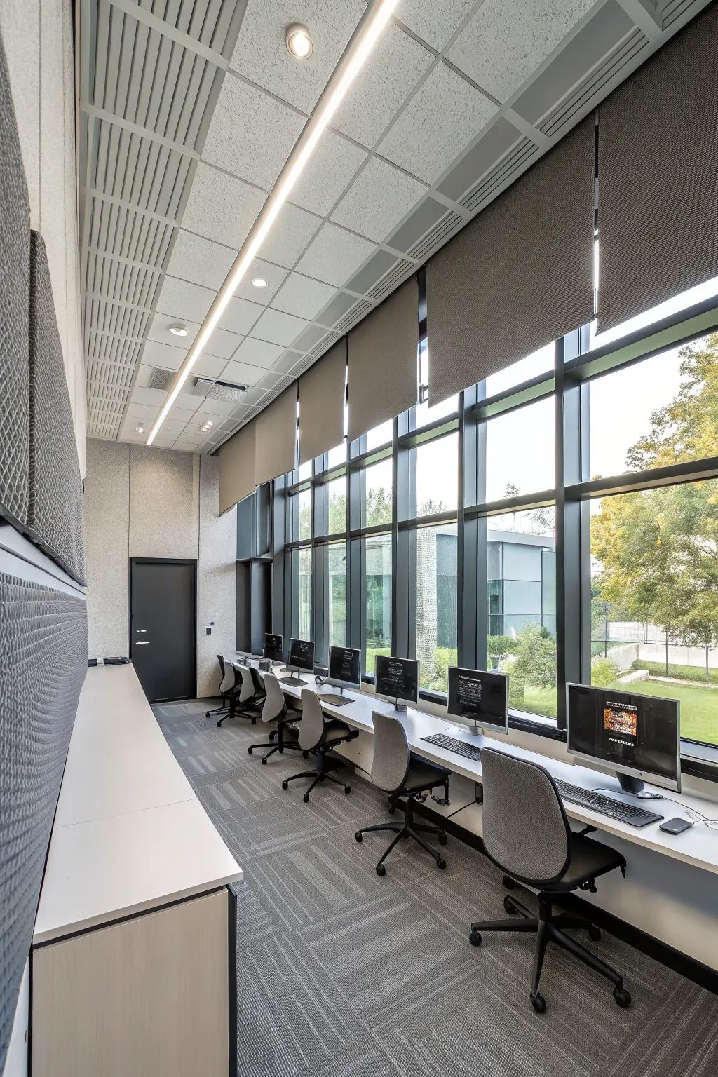 A soundproof computer room designed for undisturbed focus.