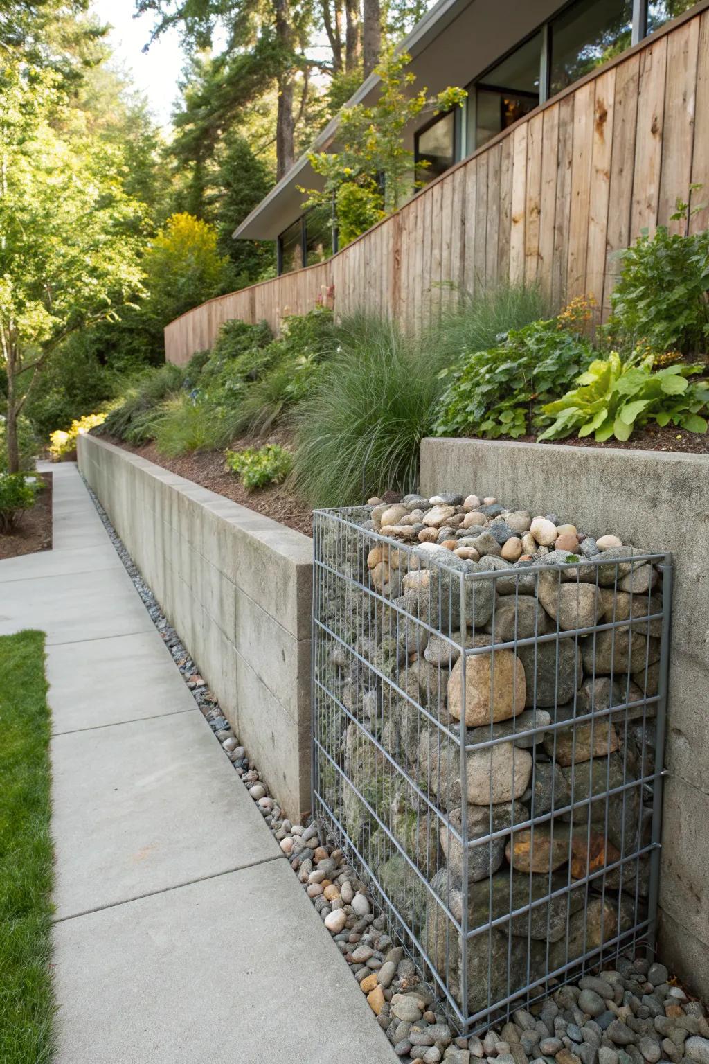 Gabion structures provide a contemporary industrial accent.