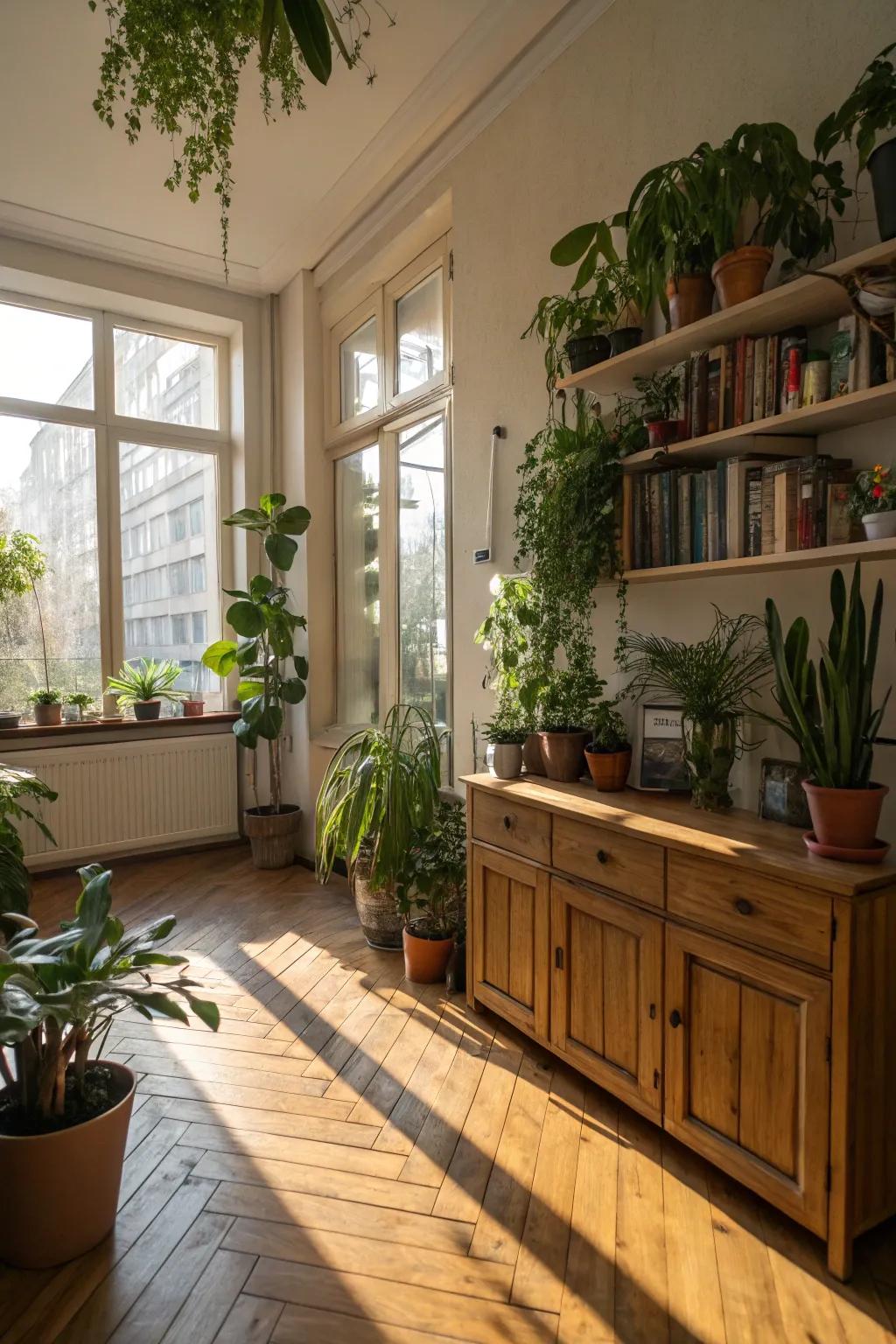 An apartment featuring indoor plants and natural wood accents.