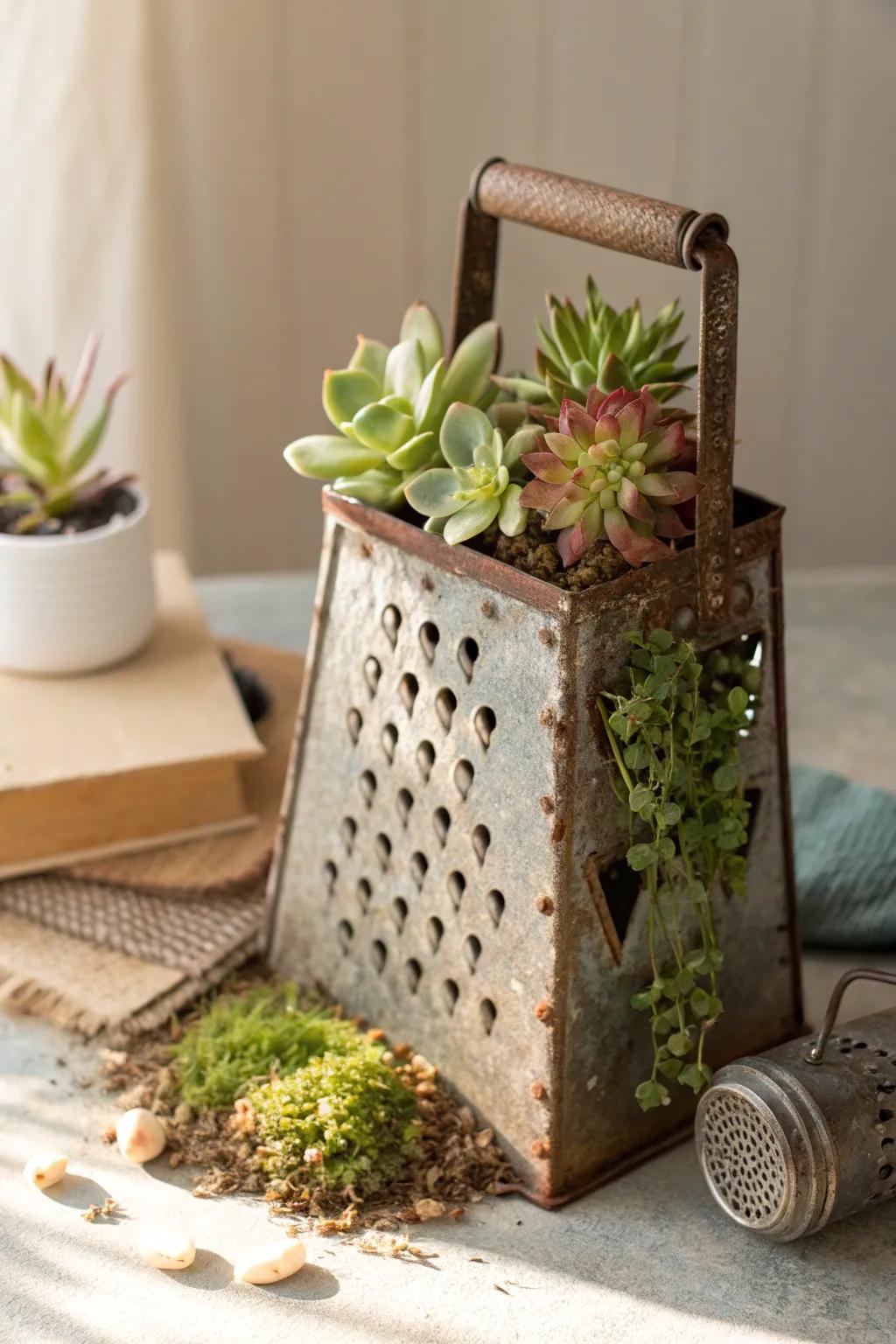 Transform your space with a touch of green and creativity: a vintage grater turned succulent haven.
