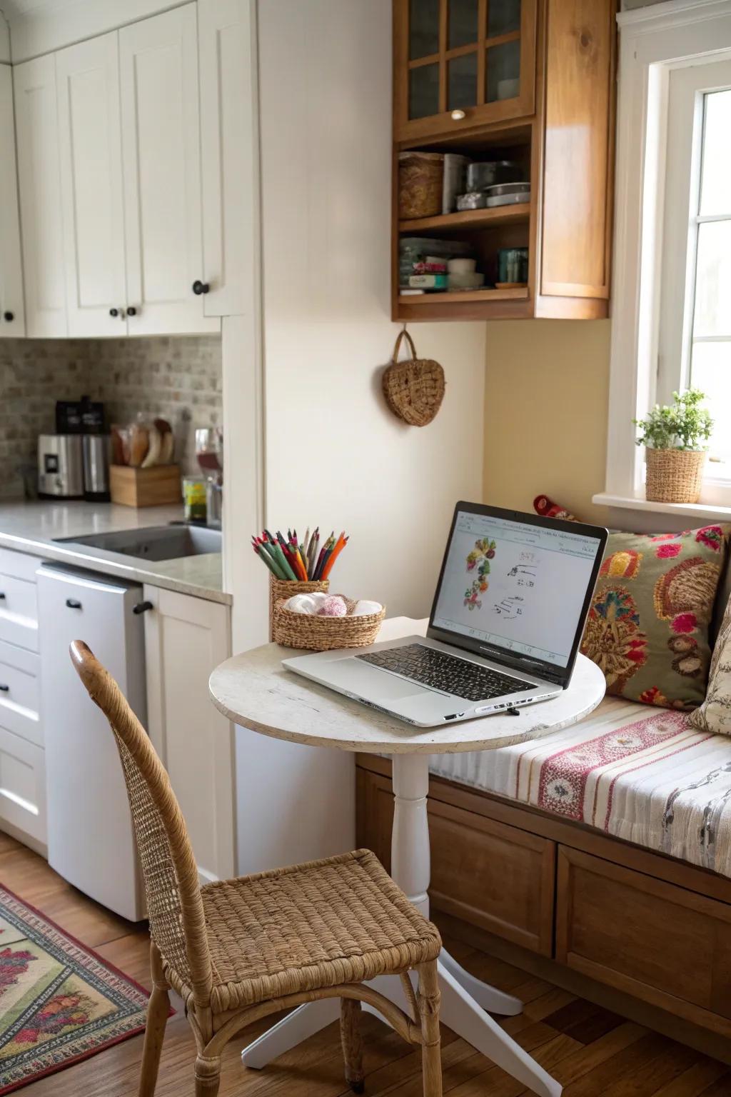 A desk nook in the kitchen corner offers functionality for busy households.