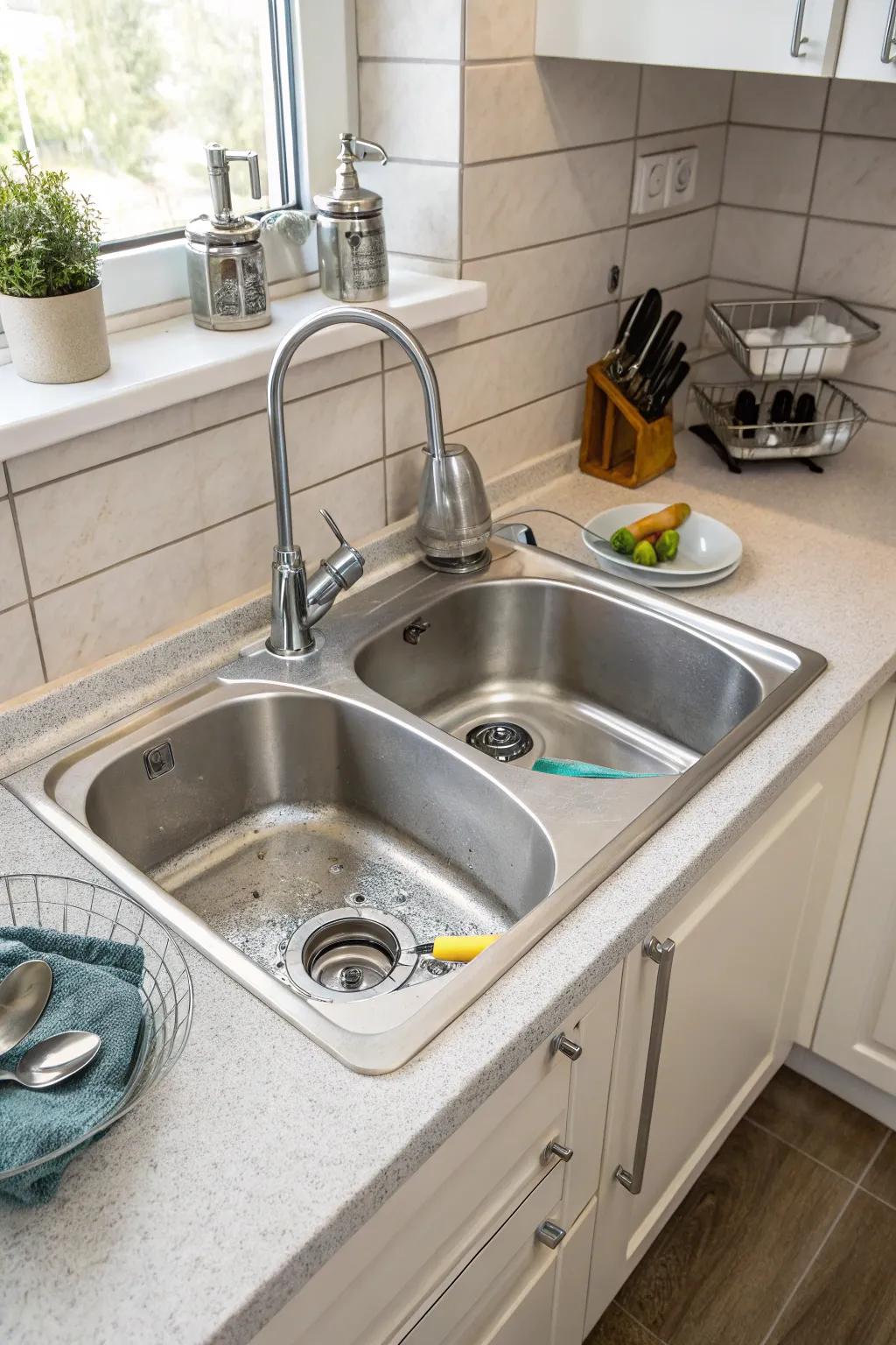 A double basin corner sink, perfect for handling multiple kitchen tasks.