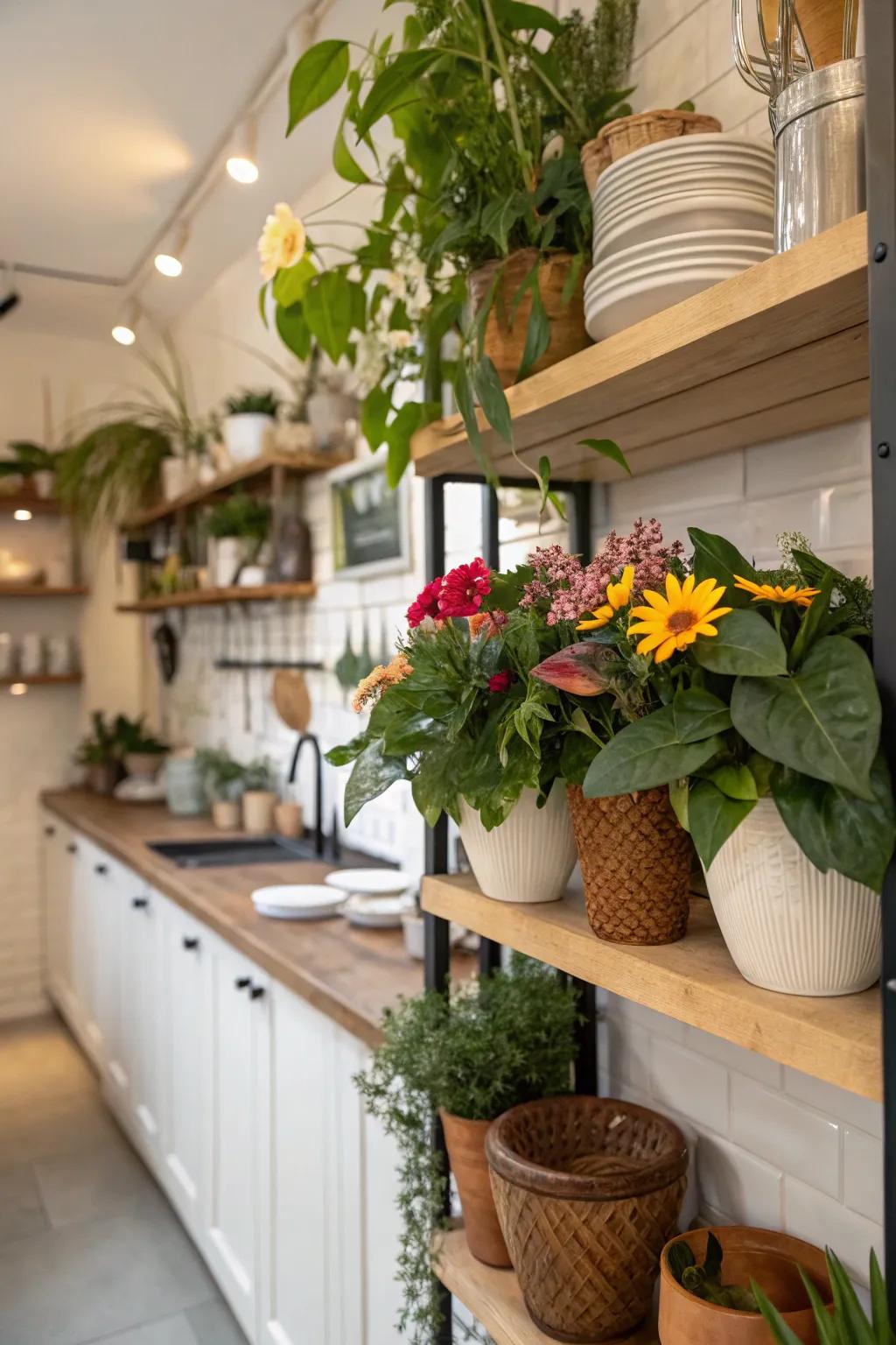 Natural elements on shelves infuse the kitchen with vitality.