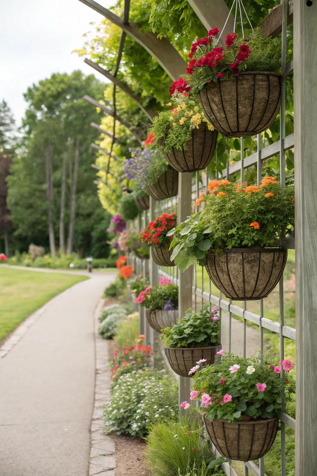 A trellis enhanced with suspended receptacles housing herbs.