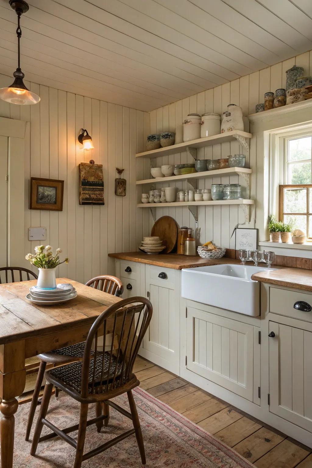 Grooved board paneling lends character to this charming cooking area.