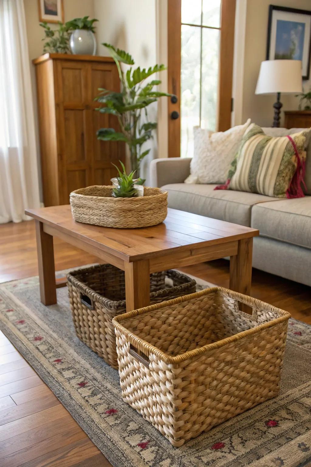 Woven baskets provide stylish and practical storage solutions.
