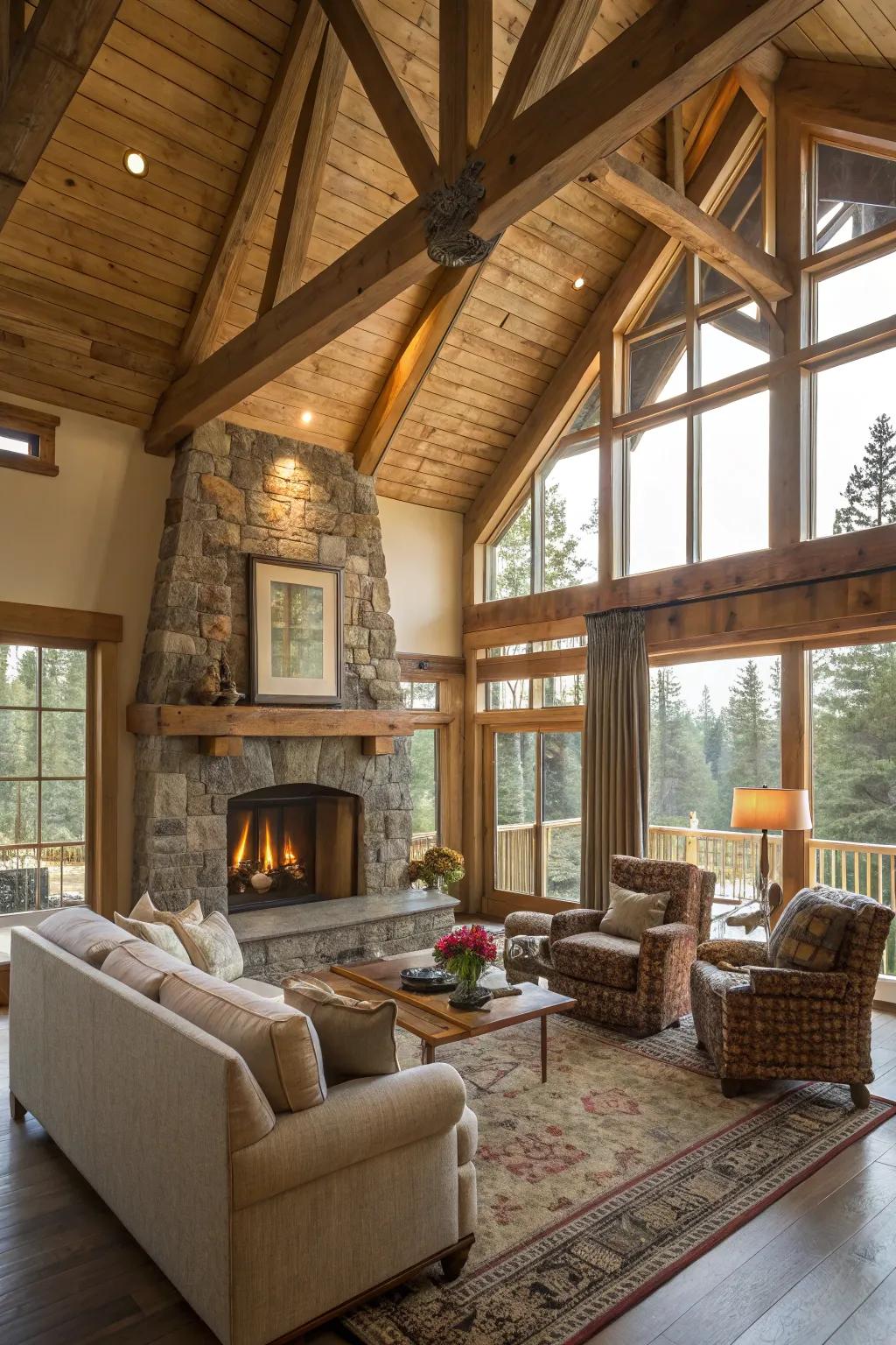 An open layout enhances flow and comfort around the fireplace.