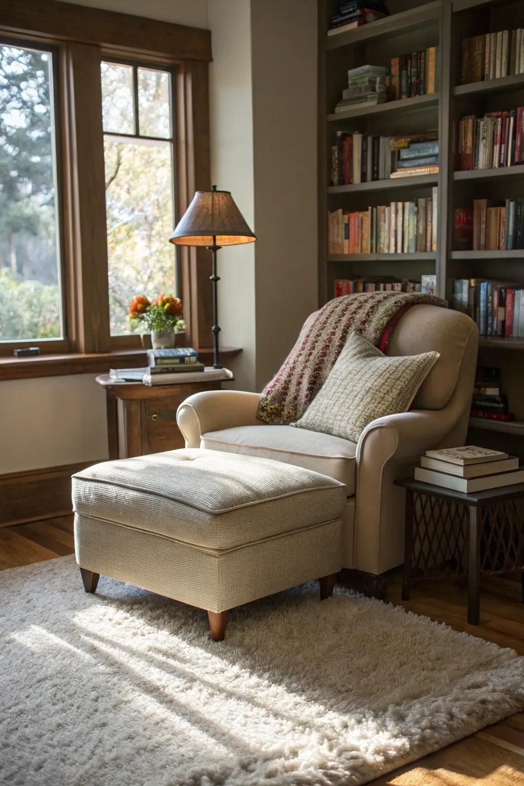 A plush rug enhances the inviting feel and defines the cozy reading area.