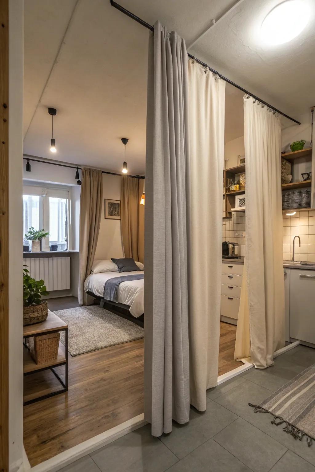 Curtains providing privacy in a studio apartment.